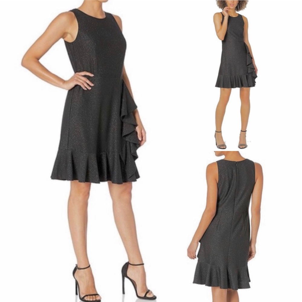 Nine West Black Size 4 Sparkle Draped Ruffle Dress